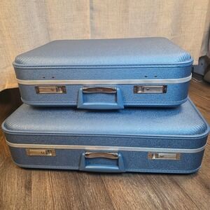 Vintage Trojan Hard Shell Suitcase Set Metallic Blue Mid Century Modern Luggage